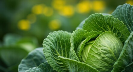 Close-up of a green cabbage head in a garden with yellow flowers.