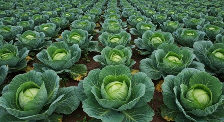 Rows of green cabbages growing in a field agricultural setting.