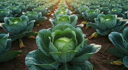 Rows of green cabbages growing in a field agricultural landscape.