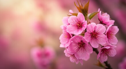 Fototapeta premium Pink flowers blossoming on a branch with a blurred background.