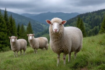 Obraz premium Serene Mountain Sheep: A Pastoral Scene of Fluffy White Sheep in a Serene Landscape