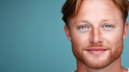 Fototapeta premium Portrait of a Handsome Freckled Man with Piercing Blue Eyes, Isolated on a Teal Background.