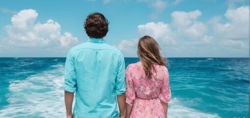 Serene moment at ocean pier with stylish couple gazing at turquoise sea under blue sky with fluffy clouds.