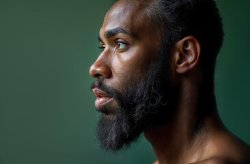A man with a full beard gazes thoughtfully to the side, showcasing his facial features against a muted dark green background. The lighting highlights his contemplative expression.
