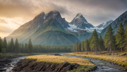 Majestic mountains rise above tranquil river with verdant trees under a golden sky during sunrise in a serene wilderness setting
