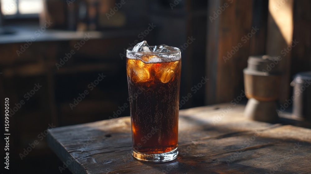 Poster A refreshing shot of a cold soda with ice cubes, the liquid fizzing and sparkling, placed on a rustic wooden table with soft, diffused lighting