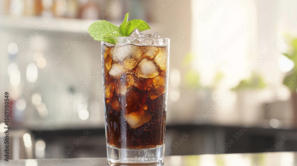 Poster a refreshing soda with ice and a mint leaf garnish, placed on a bar counter.