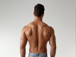 Muscular man with toned physique and slickedback hair standing with back to camera on white background.