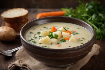 Creamy Vegetable Soup with Fresh Herbs on Wooden Table