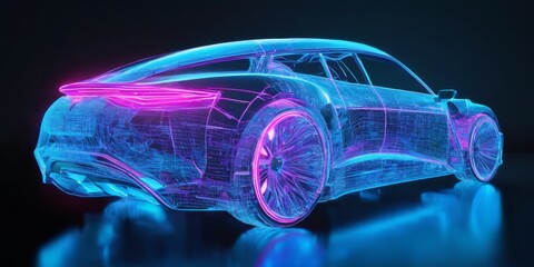 Futuristic Car Illustration with Neon Effect on Black Background, Side View with Front and Back Facing Viewer