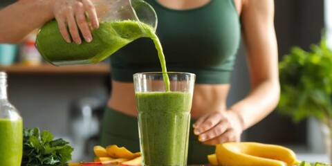 Fresh Green Smoothie Pouring in Kitchen Setting with Healthy Woman in Green Sports Bra Top