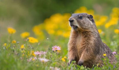 Closeup of Groundhog in Wildflower Field: Light Brown Fur, Alert Expression, Peaceful Atmosphere