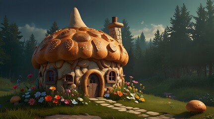 A fairy house in the shape of bread, illustration. generative.ai