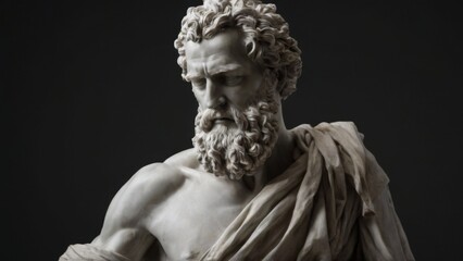 Serious Bearded Man Statue in White Marble against Black Background with Somber Expression and Draped Cloth.