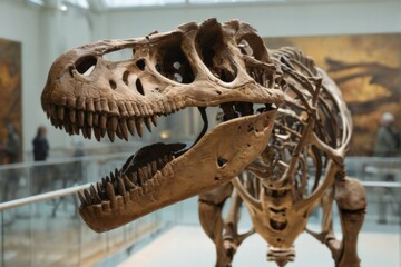 TRex Dinosaur Skeleton on Glass Platform in Museum Display with Sharp Teeth and WellPreserved Bones, People Admiring Exhibits.