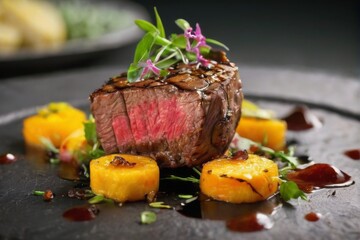 Delicious medium rare steak dish on black plate with sauce, herbs, squash, and flowers in restaurant setting.