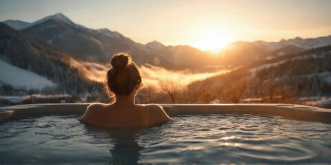 Woman in hot tub facing mountain landscape at sunset, creating peaceful and serene atmosphere with calm water reflection.