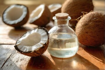 Fresh Coconut Water in Glass Bottle on Wooden Surface with Whole and Halved Coconuts, Natural Background