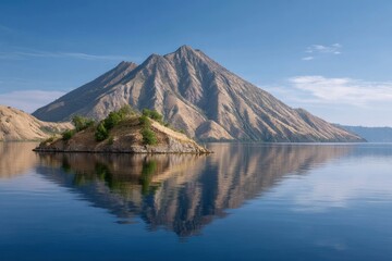 Serene Island and Majestic Mountain Reflection: A Peaceful Landscape