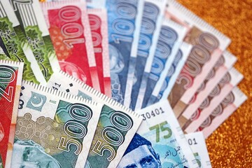 Pakistan rupees banknotes on golden yellow background. The current Pakistan money bills