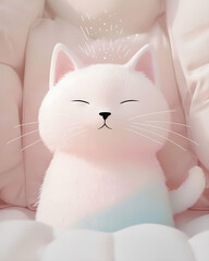 Minimalist Illustration Of A Serene White Cat with soft pastel color