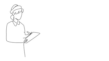 Animation of single continuous line drawing young female nurse with nurse cap holding clipboard and writing on clipboard. Record information from patients. National Nurses Day. Full length motion