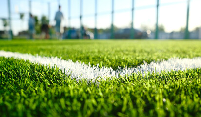 artificial green turf with white painted sports field boundary lines