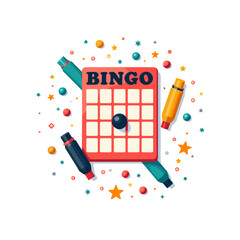 Colorful Bingo Card with Markers and Confetti, Flat Design Illustration for Game Night