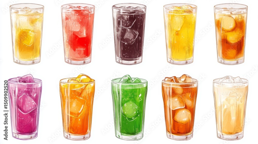 Poster a set of different sodas with ice, showing various flavors and colors.