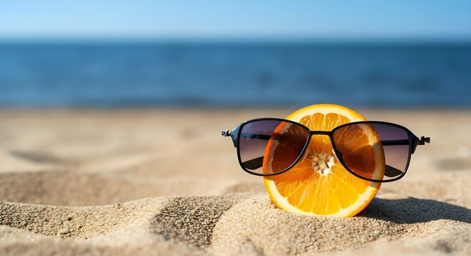 Estate, relax e vacanze: bibite e arance sulla spiaggia con occhiali da sole