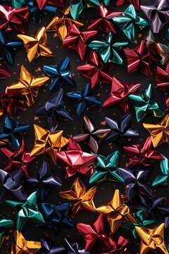 A dense array of metallic star-shaped bows in various jewel tones against a dark background