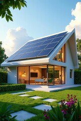 Obraz premium Modern Eco-Friendly Home with Solar Panels and Landscaped Garden Featuring a Spacious Open-Plan Living Area