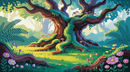 Enchanted Forest Scene with Mossy Tree Mushrooms and Flowers Illustration