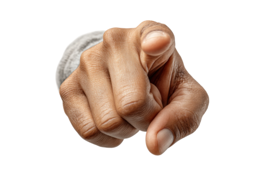 PNG African male hand pointing gesture isolated on black background