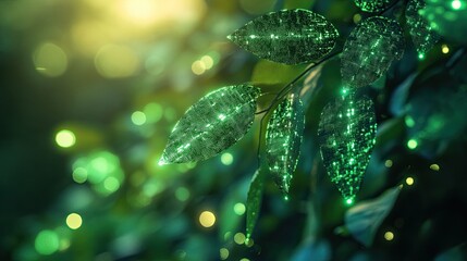 Sparkling leaves embodying the magic of technology and nature merging in a symphony of green innovation against a dreamy