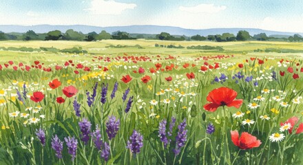Watercolor Wildflowers in a Meadow
