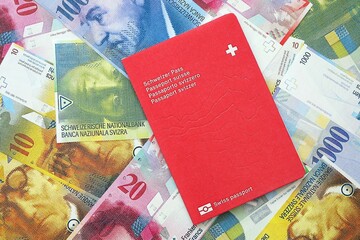 Swiss franc banknotes and passport. The current francs money bills and biometrical pass