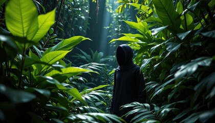 Mysterious Figure in Dark Jungle Surrounded by Lush Greenery