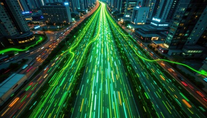Dynamic Rush of Light Trails on Urban Highway at Night