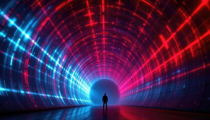 Man Standing in Futuristic Tunnel with Neon Lights and Colors