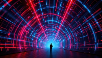 Futuristic Digital Tunnel with Vibrant Red and Blue Light Effects