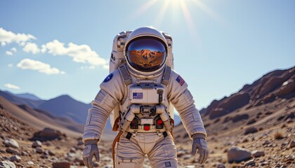 Astronaut Exploring Alien Landscape Under Clear Blue Sky