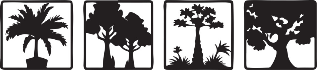 Iconic Botanical Diversity: A graphic array of diverse tree silhouettes, artfully composed to evoke the tranquility and strength of the natural world.