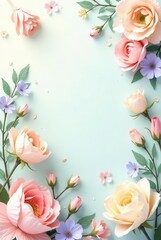 Pastel Roses and Delicate Blooms Frame a Serene Background Perfect for Springtime Greetings or Elegant Invitations