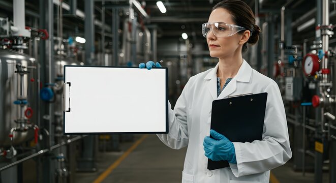Female Scientist in Industrial Setting Holding Blank Sign,  Perfect for Research, Technology, and Science Presentations