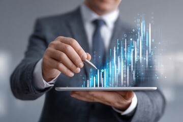 Businessman Drawing Ascending Data Graph on Tablet: A Modern, Cool Business Visualization