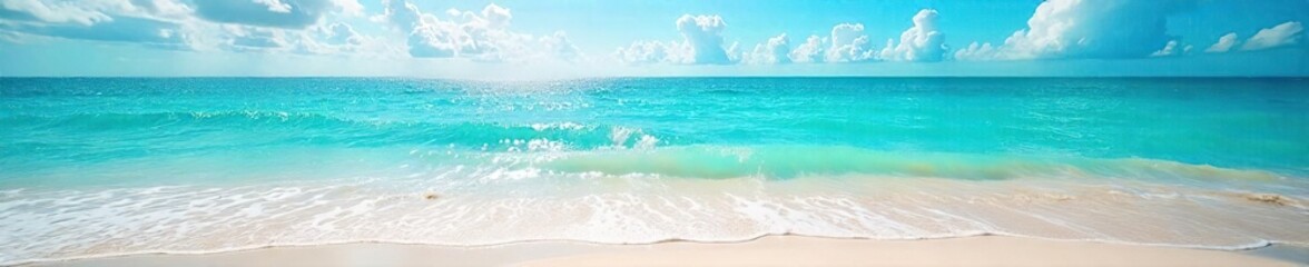 Vibrant summer scene featuring sun-drenched beach, turquoise ocean waves, and bright blue sky Perfect for travel, vacation, or summer holiday themes , nature, fun, blue