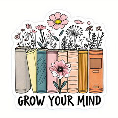 Whimsical Books and Flowers 'Grow Your Mind' Sticker