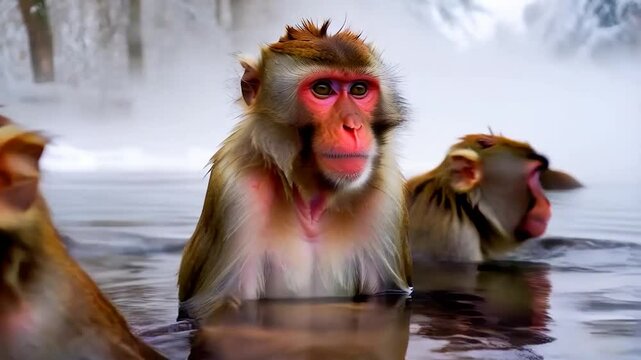 Snow-covered trees frame a hot spring, where Japanese macaques soak in the warmth