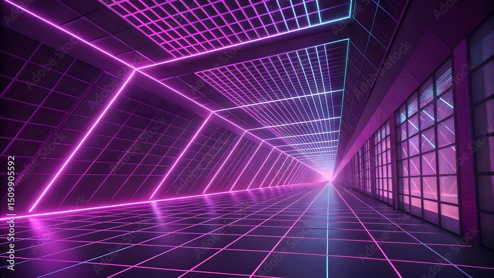 Poster neon lit tunnel with grid pattern and windows on the right side fading into a bright light source